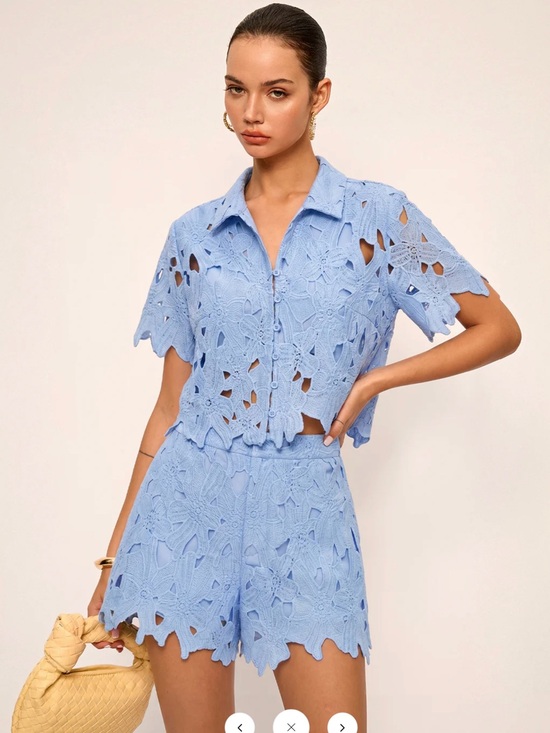 Commense Pants - Commense Floral Lace Cropped Shirt & Shorts Set - Large - Blue